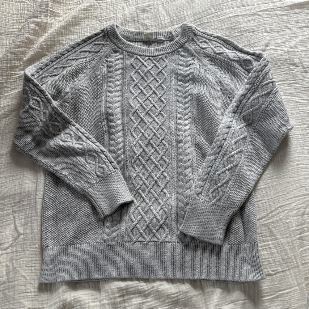 Gap Sweater Cable Knit Cotton Gray Crewneck Raglan Sleeve Casual Knit L